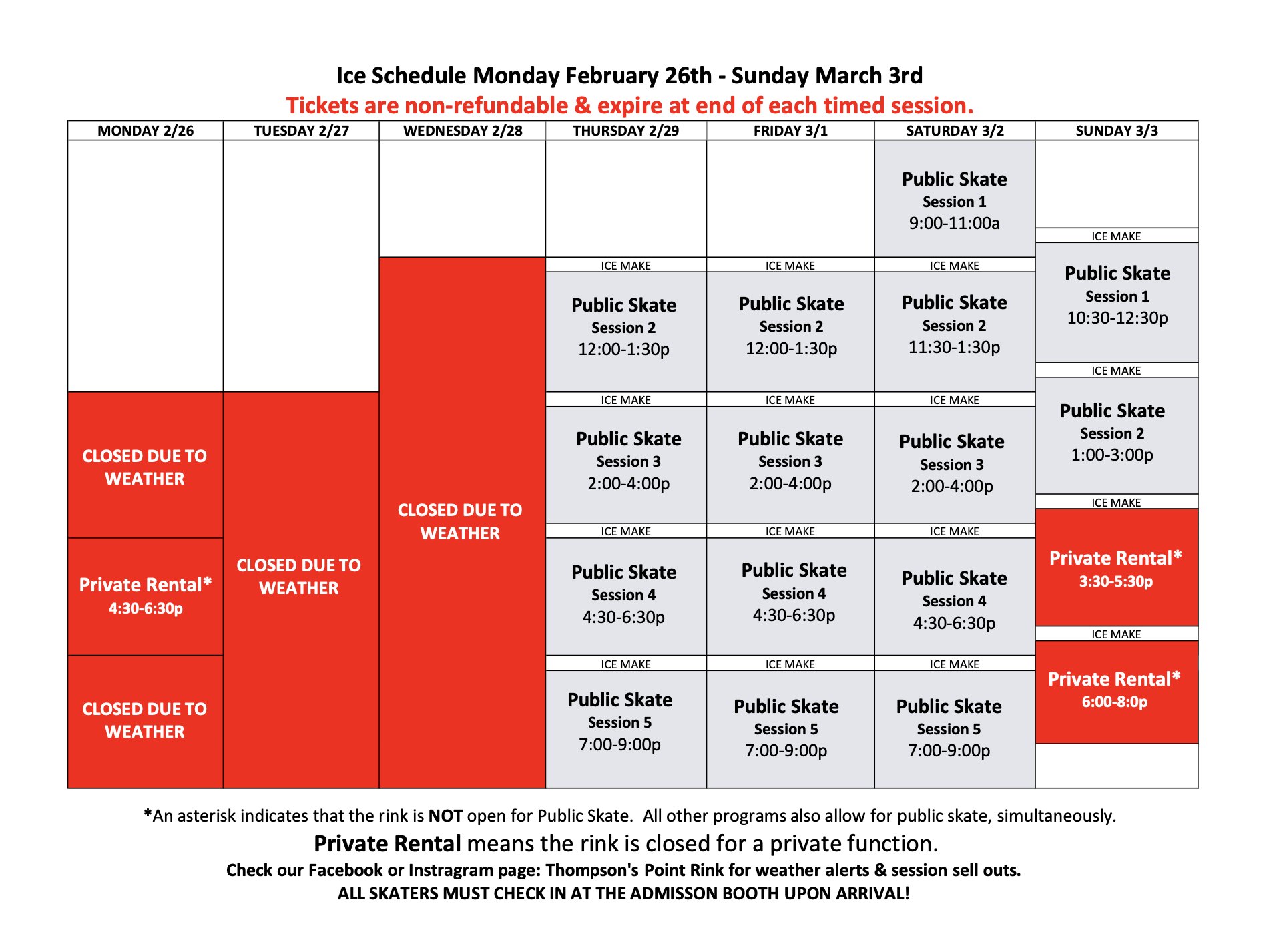 ICE SCHEDULE — Thompson's Point Rink